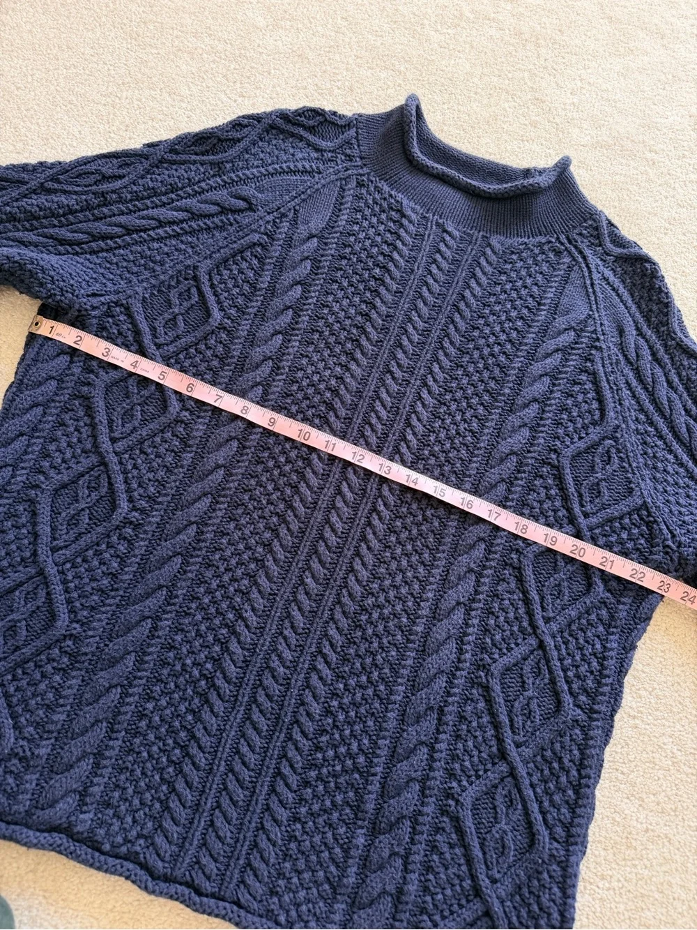 J.Crew Oarsman Sweater Large Blue Cable Knit Roll Neck Pullover 100% Cotton